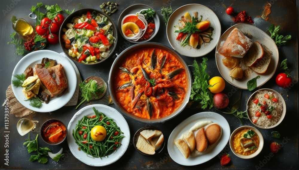 a large table with dishes of various delicious and beautiful dishes with various types of food piled on it. a large table with dishes of various delicious and beautiful dishes with various types of food piled on it.