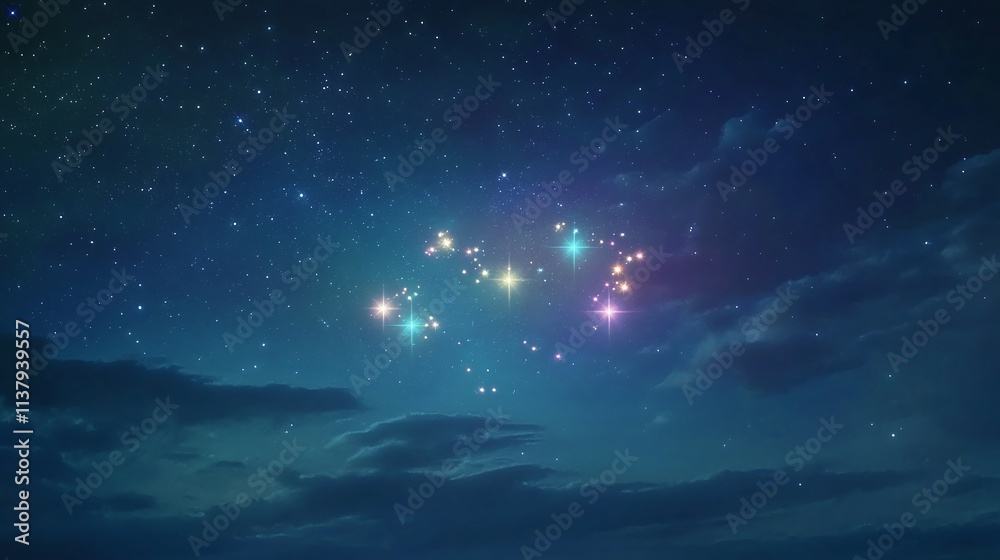 Design an enchanting visual of the Gemini constellation, showing the twins with twinkling stars in a serene night sky Design an enchanting visual of the Gemini constellation, showing the twins with twinkling stars in a serene night sky