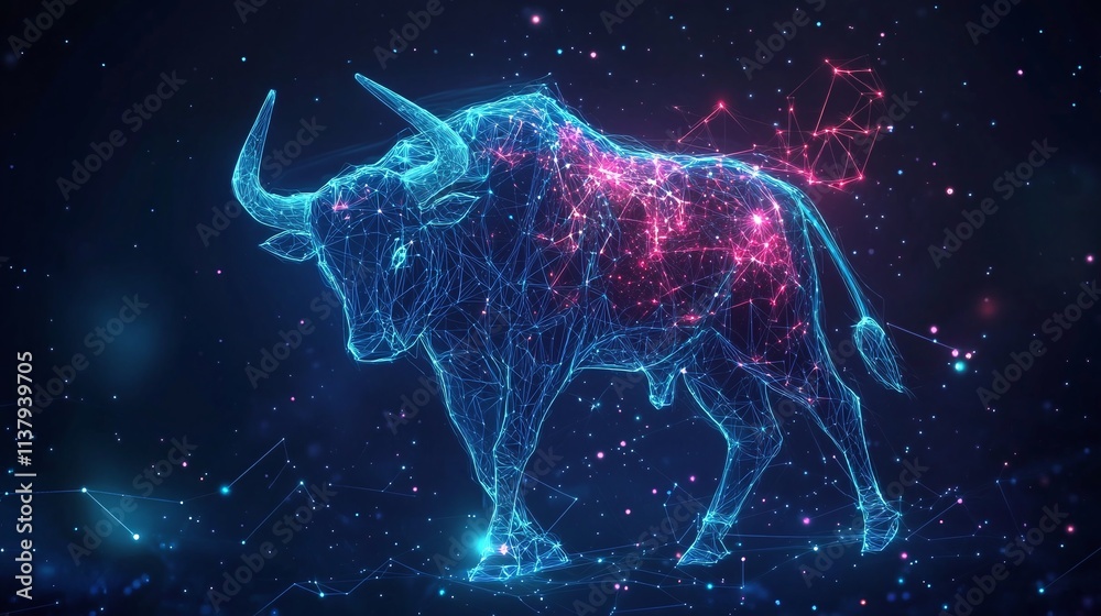 A futuristic interpretation of the Taurus constellation with neon lights and digital elements, set in outer space A futuristic interpretation of the Taurus constellation with neon lights and digital elements, set in outer space