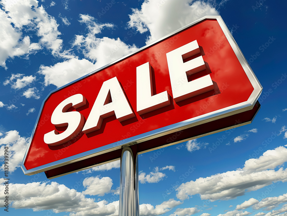 Large red SALE sign with a photorealistic cloud backdrop, creating a striking and eye-catching promotional image. Large red SALE sign with a photorealistic cloud backdrop, creating a striking and eye-catching promotional image.