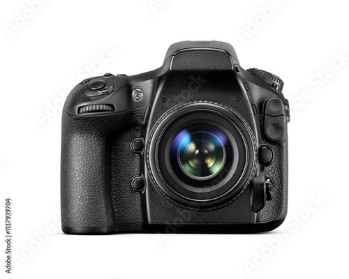 Black professional DSLR photo camera isolated, front view. Transparent PNG image.