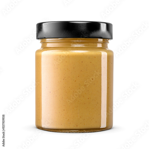 Peanut butter glass jar with black lid without label isolated. Transparent PNG image.