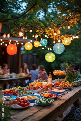 A small group of close friends enjoying a backyard family gathering, holding plates of food and drinks photo