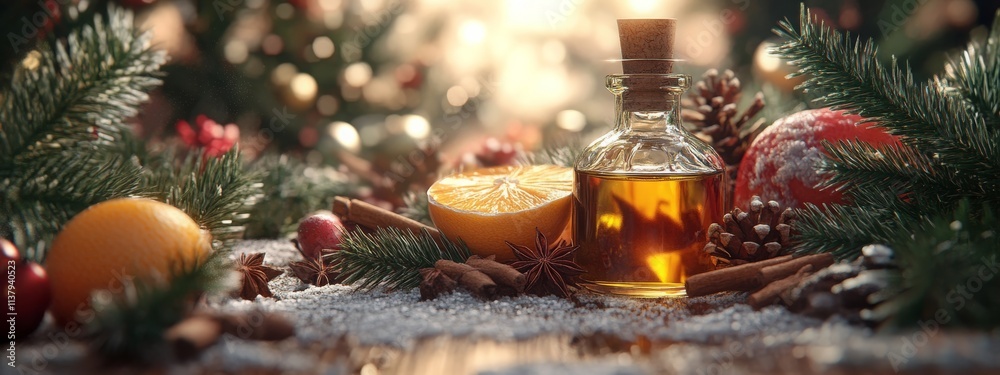 Christmas essential oils in bottles. Selective focus. Generative AI, Christmas essential oils in bottles. Selective focus. Generative AI,