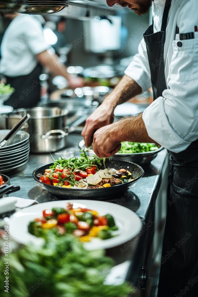 Chef working in a small restaurant kitchen, plating a beautifully arranged dish with fresh ingredients, surrounded by stainless steel counters Chef working in a small restaurant kitchen, plating a beautifully arranged dish with fresh ingredients, surrounded by stainless steel counters