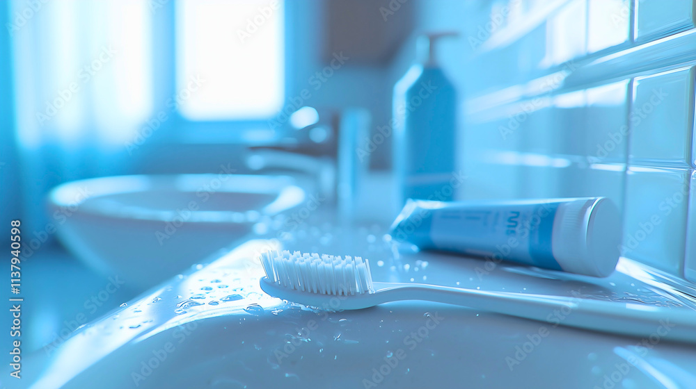 A toothbrush with soft bristles resting on a clean white sink, with a tube of toothpaste squeezed slightly, creating a fresh and hygienic vibe. A toothbrush with soft bristles resting on a clean white sink, with a tube of toothpaste squeezed slightly, creating a fresh and hygienic vibe.