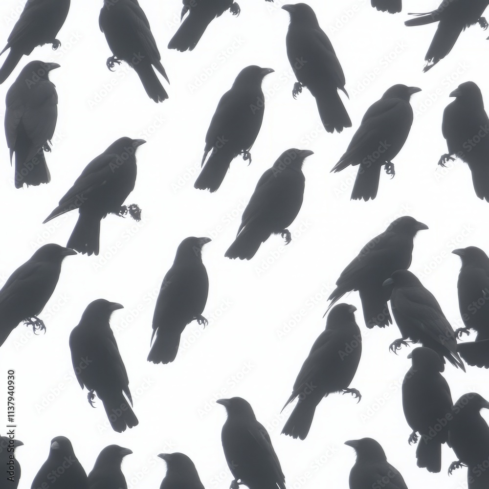 Obraz premium A Flock of Crows in Flight, Black Birds Silhouette, Avian Gathering