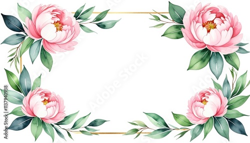 Elegant floral frame with pink peonies and green leaves for invitations and decor