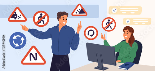 Driving school classes. Woman teaches traffic rules and road signs. Teacher explains material to student. Transportation theory studying. Car driver education. Garish vector concept