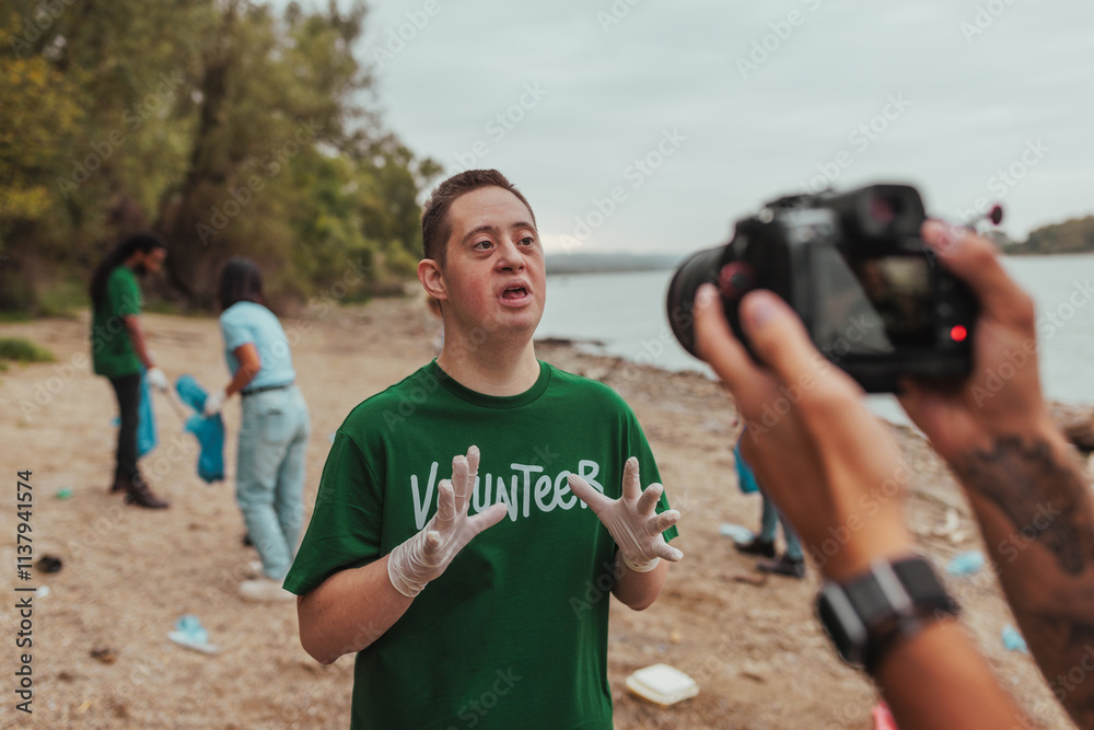 Naklejka premium Volunteer with down syndrome being interviewed during a river cleanup