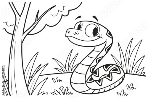 cute Rattlesnake, some grass and a tree, coloring book photo