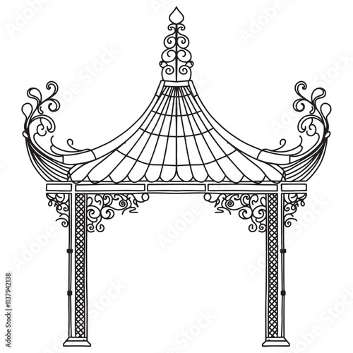 ANTIQUE METAL roof. Black on white sketch of wrought iron garden visor. Church visor with scrolls and leaves.