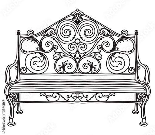 ANTIQUE METAL bench. Black on white sketch of wrought iron garden benches. Church bench with scrolls and leaves.
