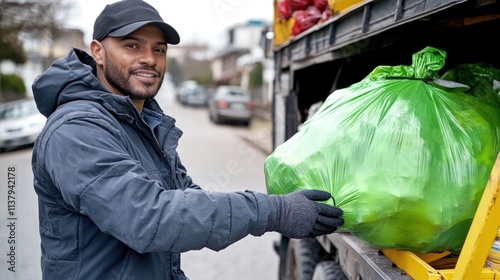 Waste collector loading garbage bag onto truck in residential area photo