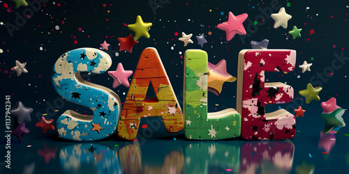 Hyper realistic 3D text SALE made of colorful wooden letters against a dark background with splashes and stars. Super detailed, perfect for marketing. photo