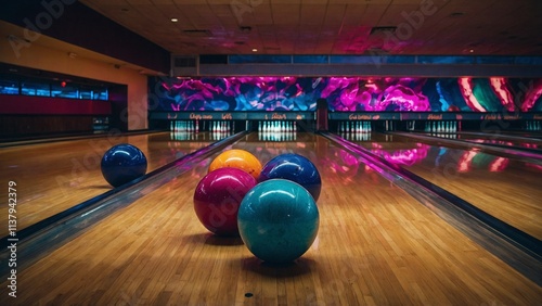 Vibrant neon-lit bowling balls on a polished lane at a modern bowling alley
 photo