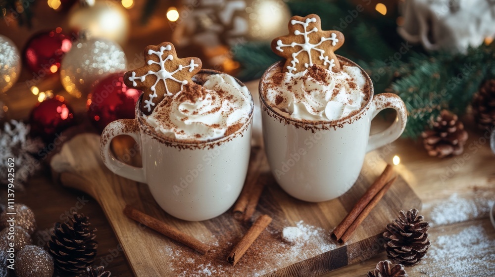 Cozy holiday hot chocolate with gingerbread cookies and cinnamon sticks Cozy holiday hot chocolate with gingerbread cookies and cinnamon sticks