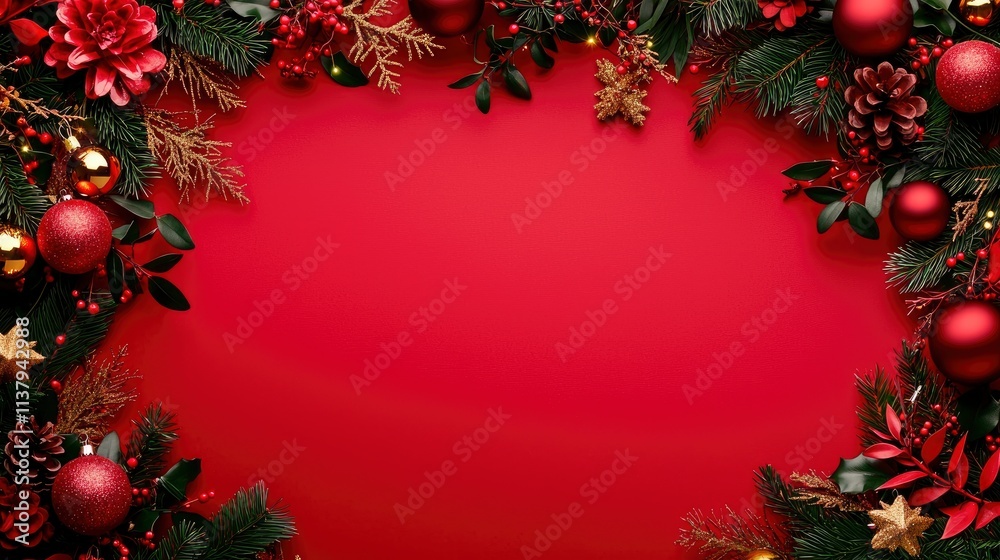 Festive Red Christmas Border with Ornaments and Greenery Festive Red Christmas Border with Ornaments and Greenery