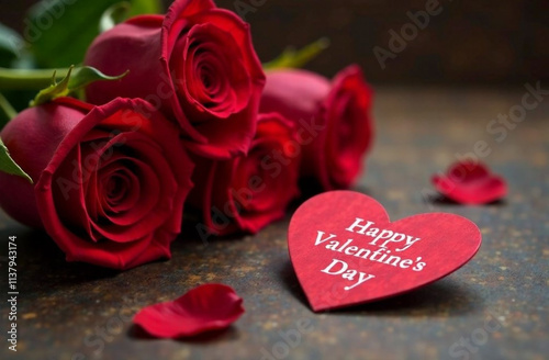 Red roses and red heart-shaped valentine with Happy Valentine's Day written on it
