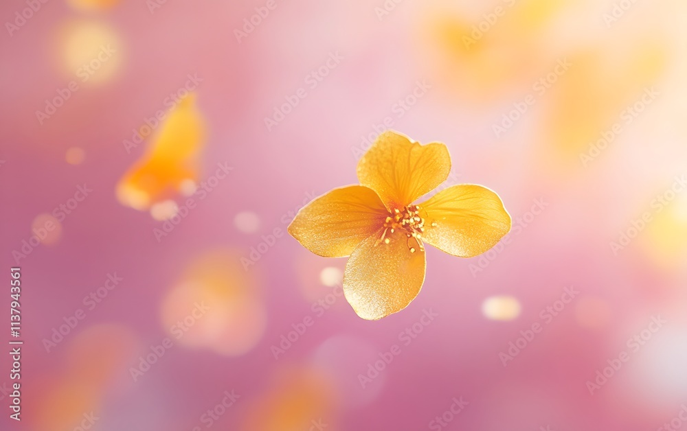 A delicate orange flower floating against a soft, blurred pink background. A delicate orange flower floating against a soft, blurred pink background.