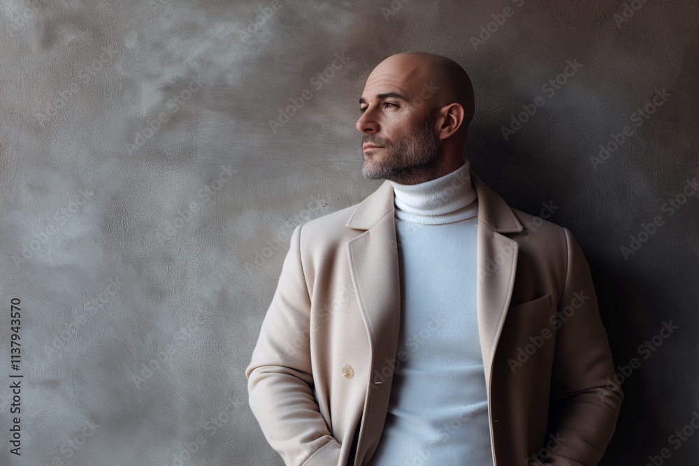Stylish bald man wearing a white turtleneck and beige coat, posing against a textured concrete wall.