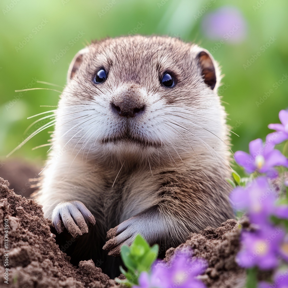 Fototapeta premium Adorable Otter Pup Emerging from Burrow in Spring Flowers