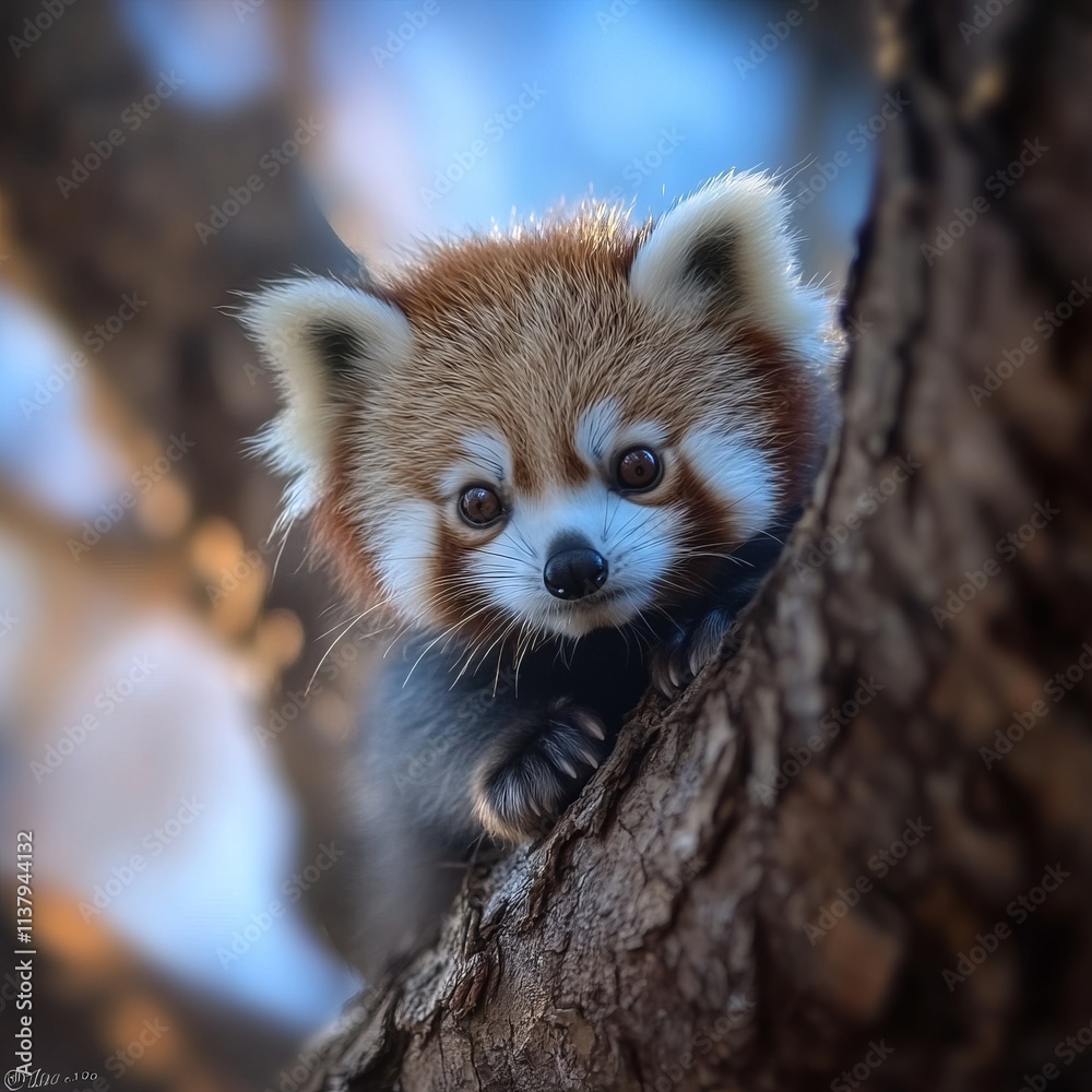 Fototapeta premium Adorable Red Panda Cub Clinging to Tree Trunk
