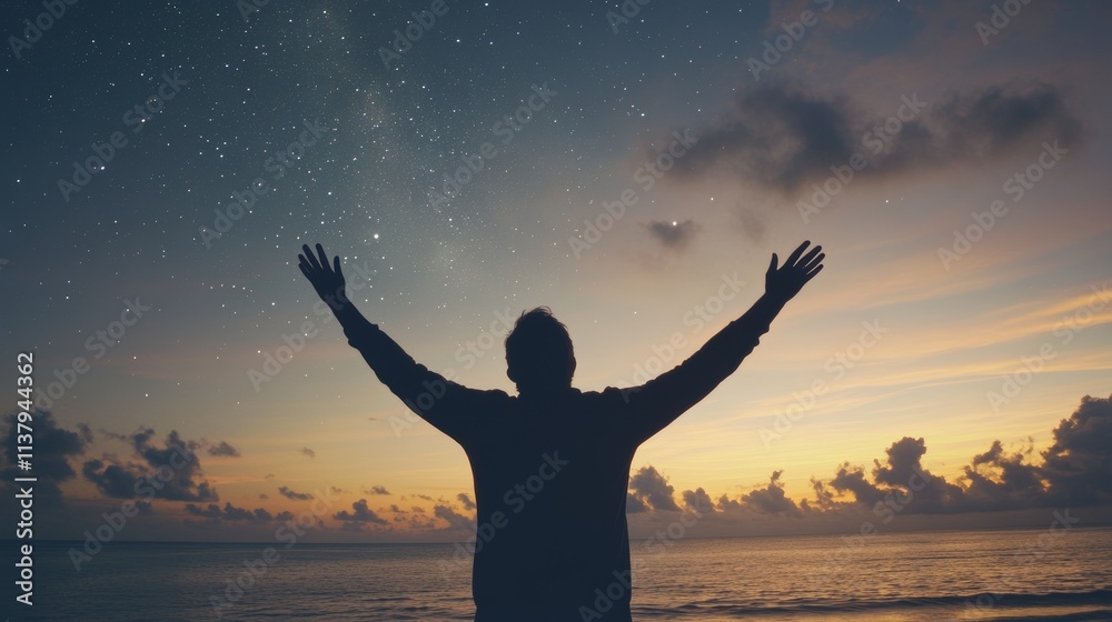 Fototapeta premium Silhouette of a man gazing at the Milky Way under starry skies. A serene nocturnal scene capturing cosmic wonder, infinite space, and a peaceful connection with the universe