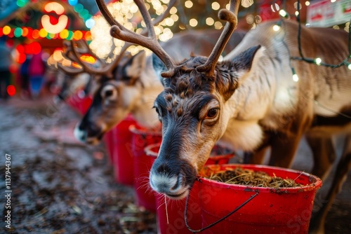 A reindeer feeding on hay from a bucket at a festive Christmas market, surrounded by holiday decorations and lights. Reindeer eating from feed buckets with Christmas lights in the backdrop -. photo