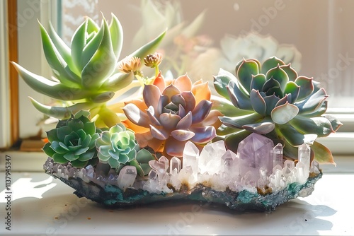 Succulent Garden Planted in Amethyst Crystal Geode photo