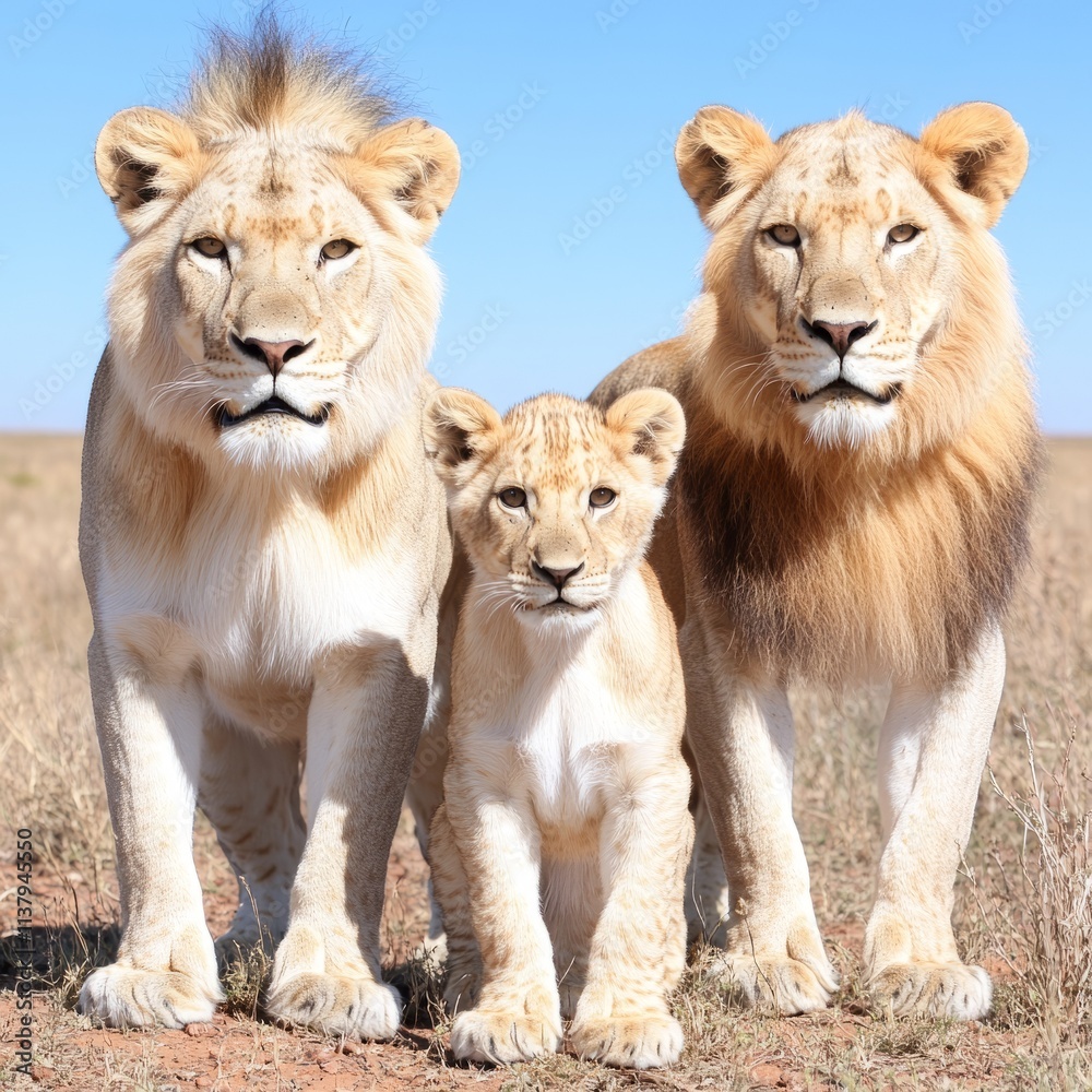 African Lion Pride Mother, Father, and Cub in Savanna Grassland African Lion Pride Mother, Father, and Cub in Savanna Grassland