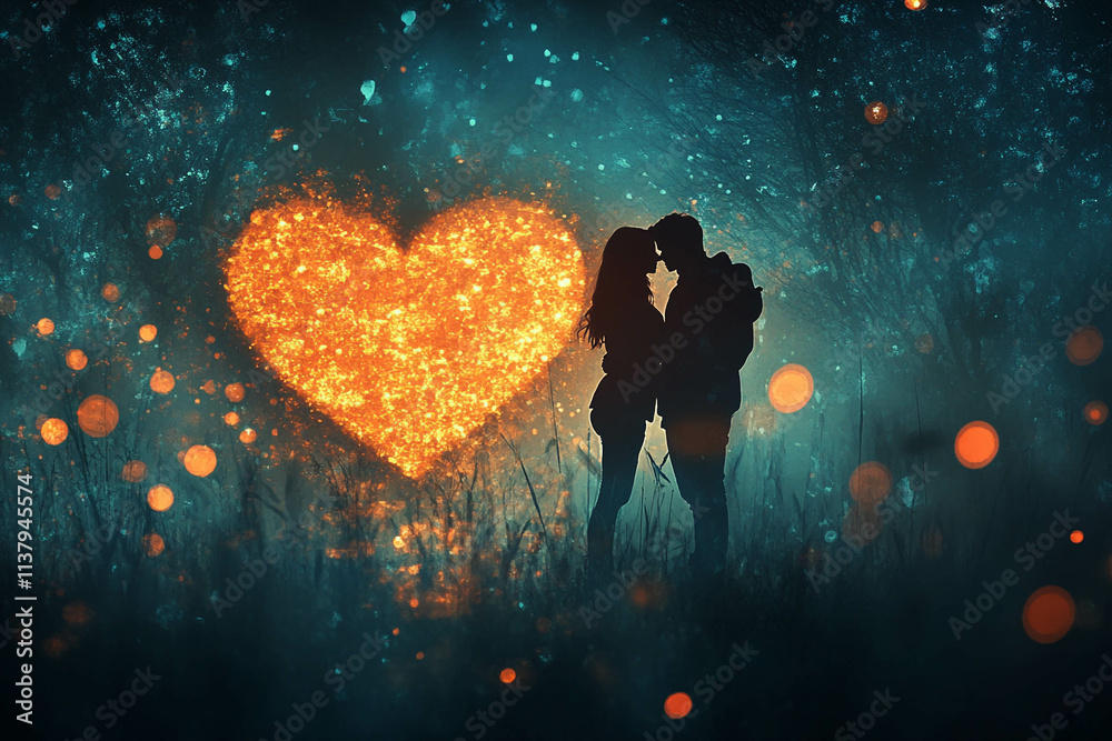 Obraz premium A romantic silhouette of a couple kissing against a dreamy background with a glowing heart shape and soft bokeh lights.