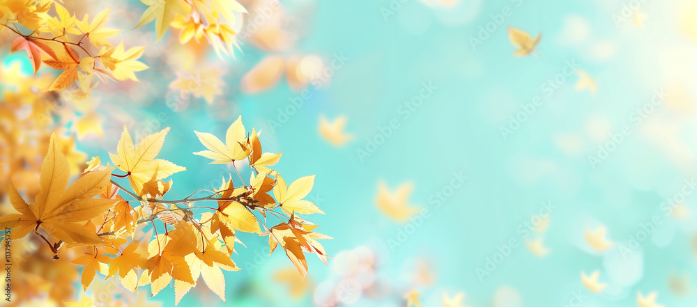 Autumn background with copy space, featuring yellow maple leaves against a blue sky backdrop. Autumn background with copy space, featuring yellow maple leaves against a blue sky backdrop.