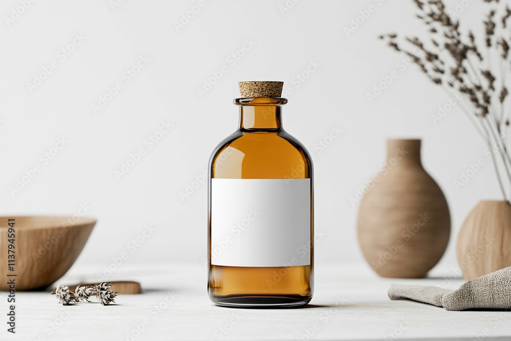 A stylish amber glass bottle with a cork stopper, featuring a blank white label, placed on a light surface. Surrounding elements include a wooden bowl, a ceramic vase A stylish amber glass bottle with a cork stopper, featuring a blank white label, placed on a light surface. Surrounding elements include a wooden bowl, a ceramic vase