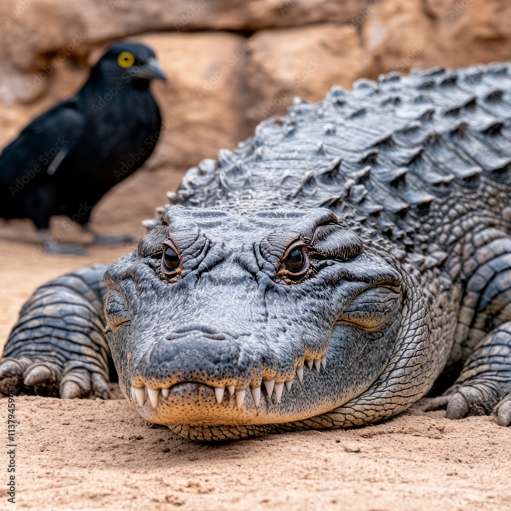 Obraz premium Alligator and Blackbird Encounter in Desert Habitat