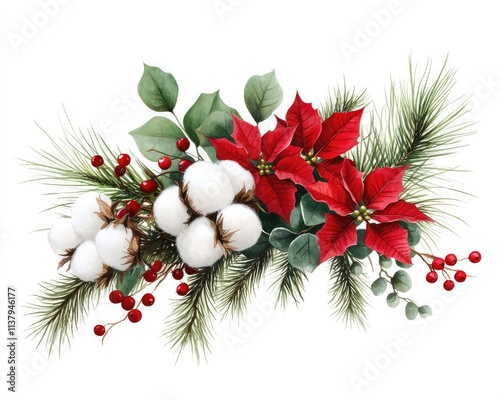 Winter Composition with Poinsettia, Spruce Branch, Cotton and Red Berries