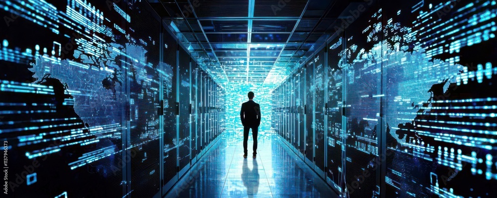 Fototapeta premium Silhouette of a Business Professional in a High-Tech Data Corridor Surrounded by Digital Graphics and Virtual Interfaces Representing Modern Technology
