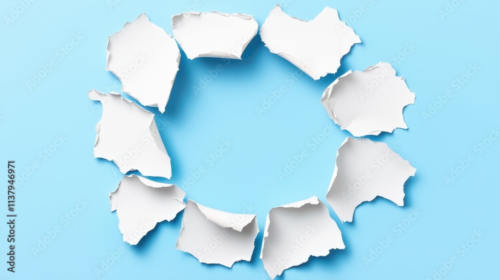 Circular Arrangement of Torn Paper Pieces on Blue Background Circular Arrangement of Torn Paper Pieces on Blue Background