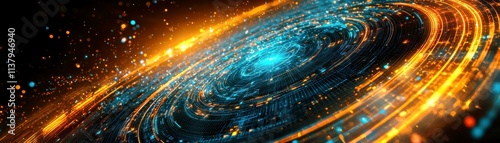 Abstract digital swirl of glowing particles and vibrant energy trails creating a cosmic themed backdrop with luminous blue and orange hues in space
