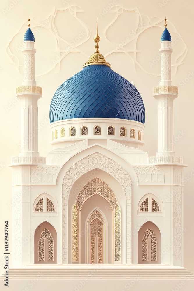 Fototapeta premium White Mosque with Blue Dome and Golden Accents