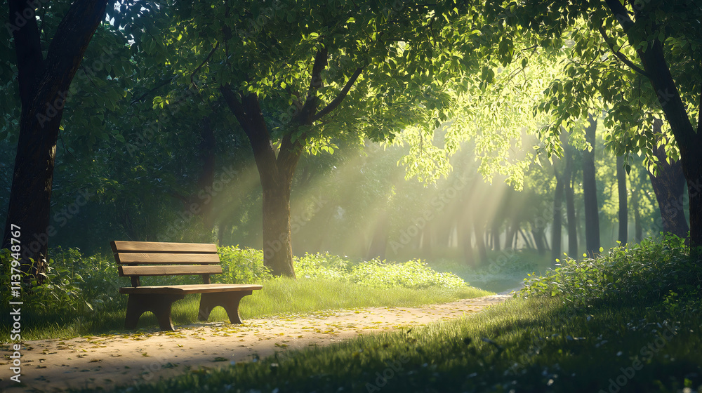 A rustic wooden bench sitting in a serene park, surrounded by tall trees with sunlight filtering through the leaves, creating a peaceful and inviting atmosphere. A rustic wooden bench sitting in a serene park, surrounded by tall trees with sunlight filtering through the leaves, creating a peaceful and inviting atmosphere.