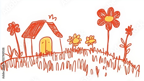 Whimsical childlike drawing of a house and flowers in bright colors