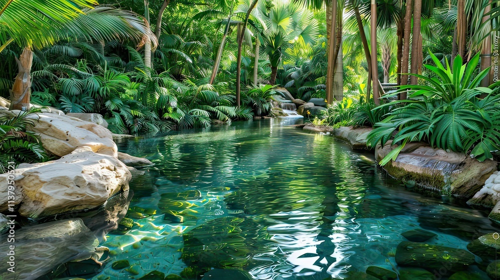 A clear stream running through a lush rainforest filled with wildlife sounds.