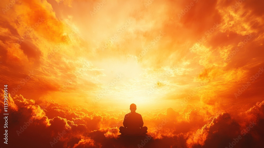 Serene Silhouette Meditating Amidst Fiery Sunset Cloudscape. Serene Silhouette Meditating Amidst Fiery Sunset Cloudscape.