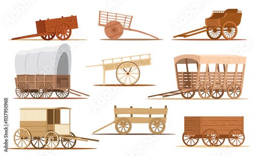 Cartoon wooden wagon. Vintage vehicle. Old western carriage with big wheels. Covered tent wheelbarrow. Stagecoach trip. Cargo or passenger transportation. Vector antique transport set