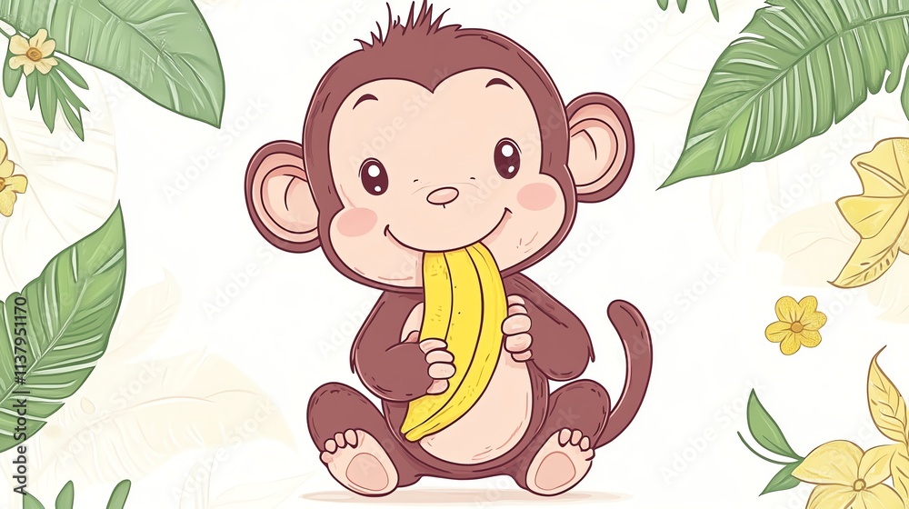 A cute cartoon monkey eating a banana surrounded by tropical leaves and flowers. A cute cartoon monkey eating a banana surrounded by tropical leaves and flowers.