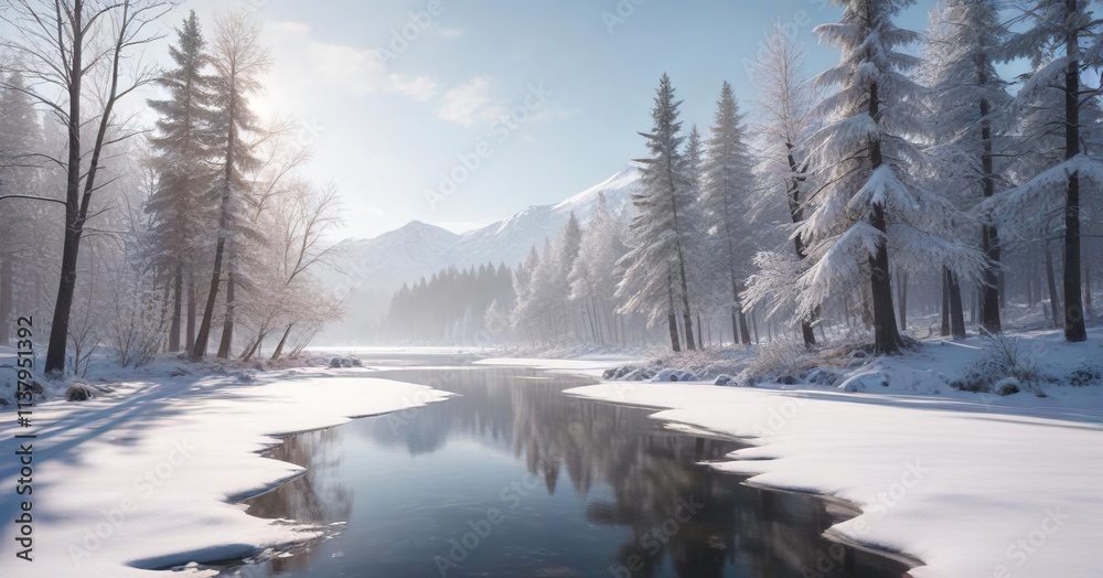 Obraz premium A serene winter landscape with a frozen lake and snow-covered trees, peaceful atmosphere, snowy environment, icy terrain