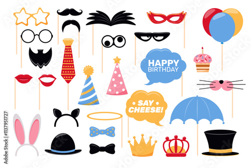 Cartoon photo booth props. Funny party decor for photography shooting. Fun event accessories. Beards with mustaches. Eyeglasses and hats. Rabbit ear headband. Vector carnival masks set