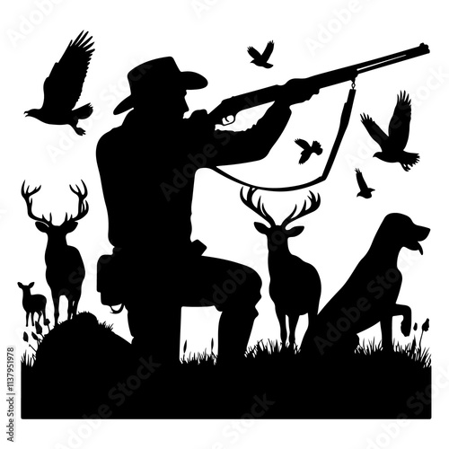 Vector silhouette of a hunter hunting with a gun. Symbol of killing animals photo