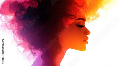 Beautiful Artistic Profile of a Woman with Curly Hair and Vibrant Colors, Emphasizing Grace and Elegance in a Fluid, Abstract Style